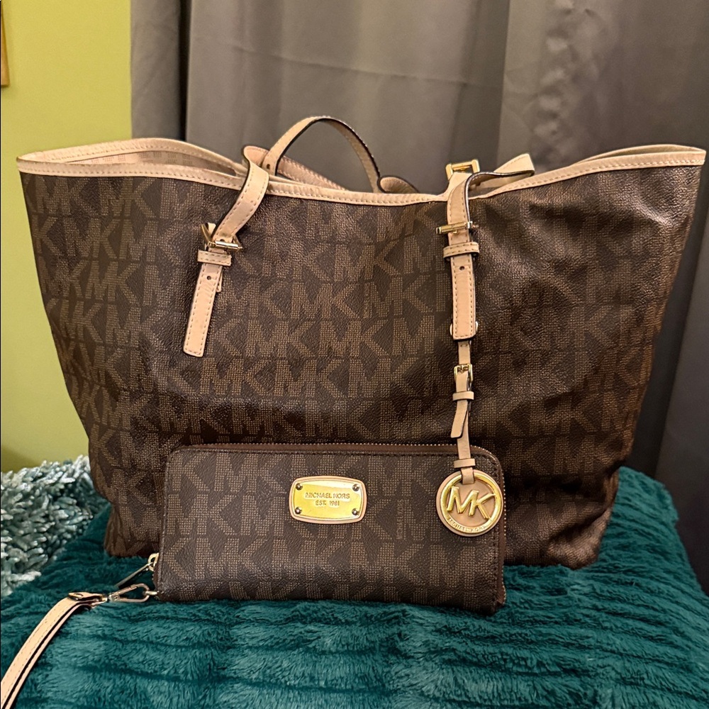 Michael Kors Dark Brown and Tan Tote with Wallet